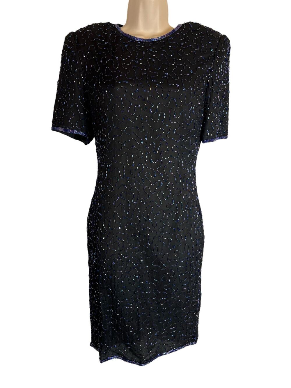 Vintage Denise Elle peacock beaded silk cocktail dress S Small Party Evening